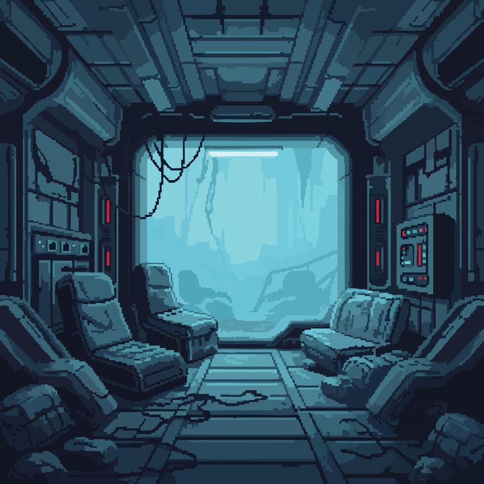 Pixel Art Sci-Fi Interior with Futuristic Seating and Large Window. vector
