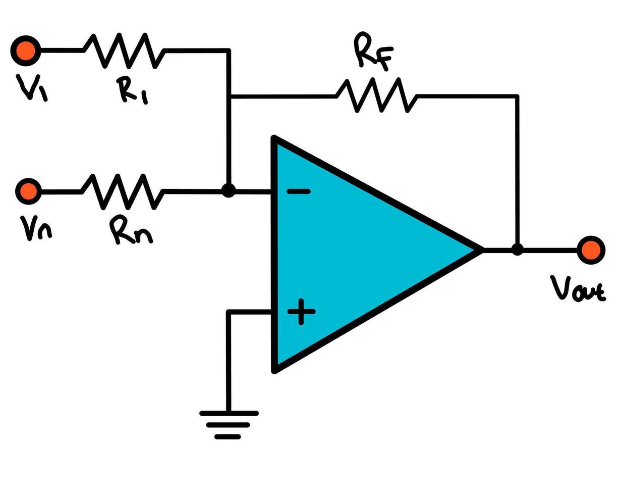 Op-Amp Summing Amplifier Circuit Diagram with Multiple Inputs vector
