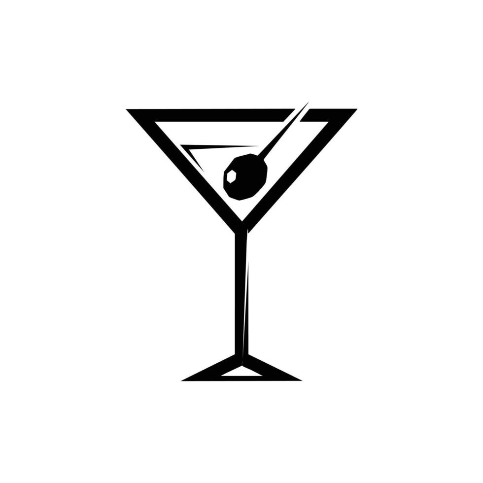 Angular black and white graphic icon of a martini glass with an olive. vector