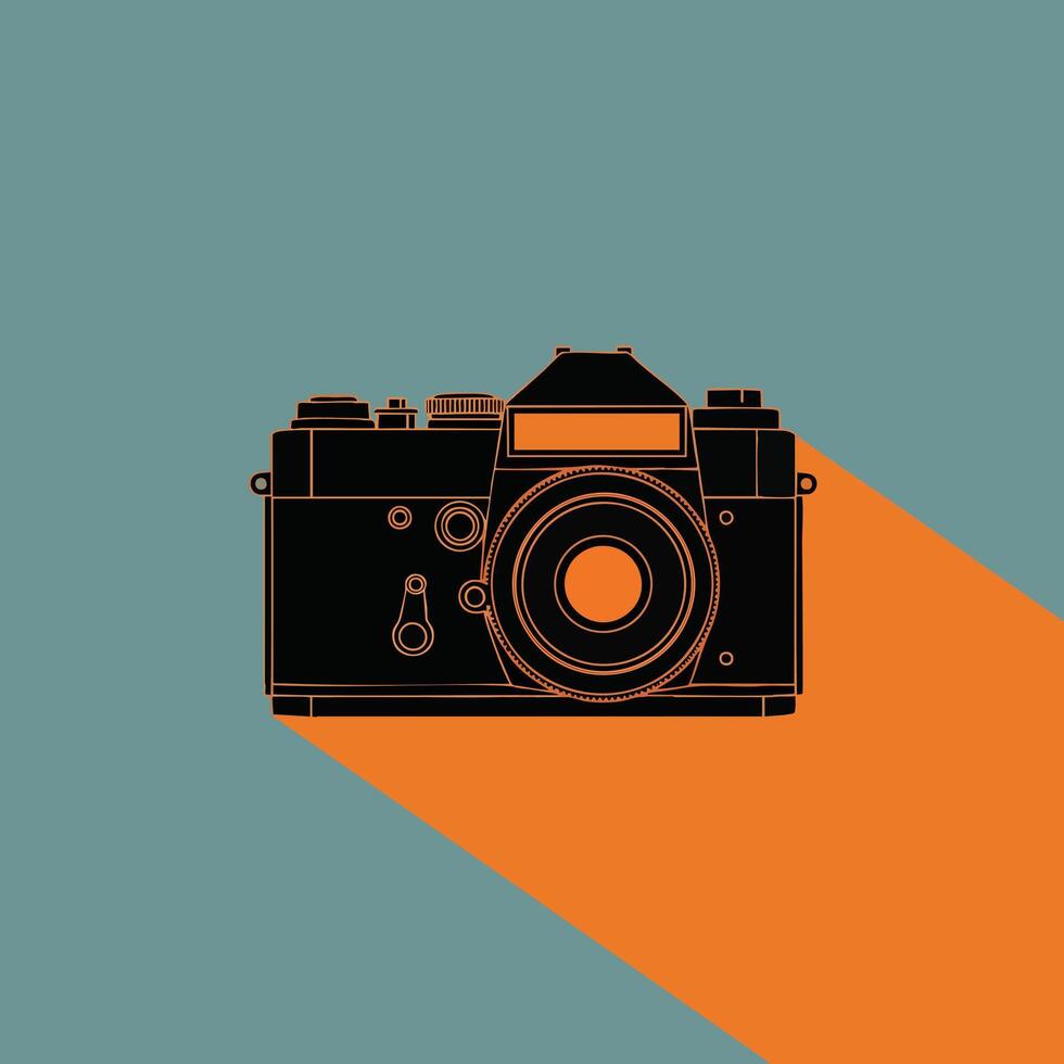 Vintage Black Camera with Orange Outline and Shadow. vector