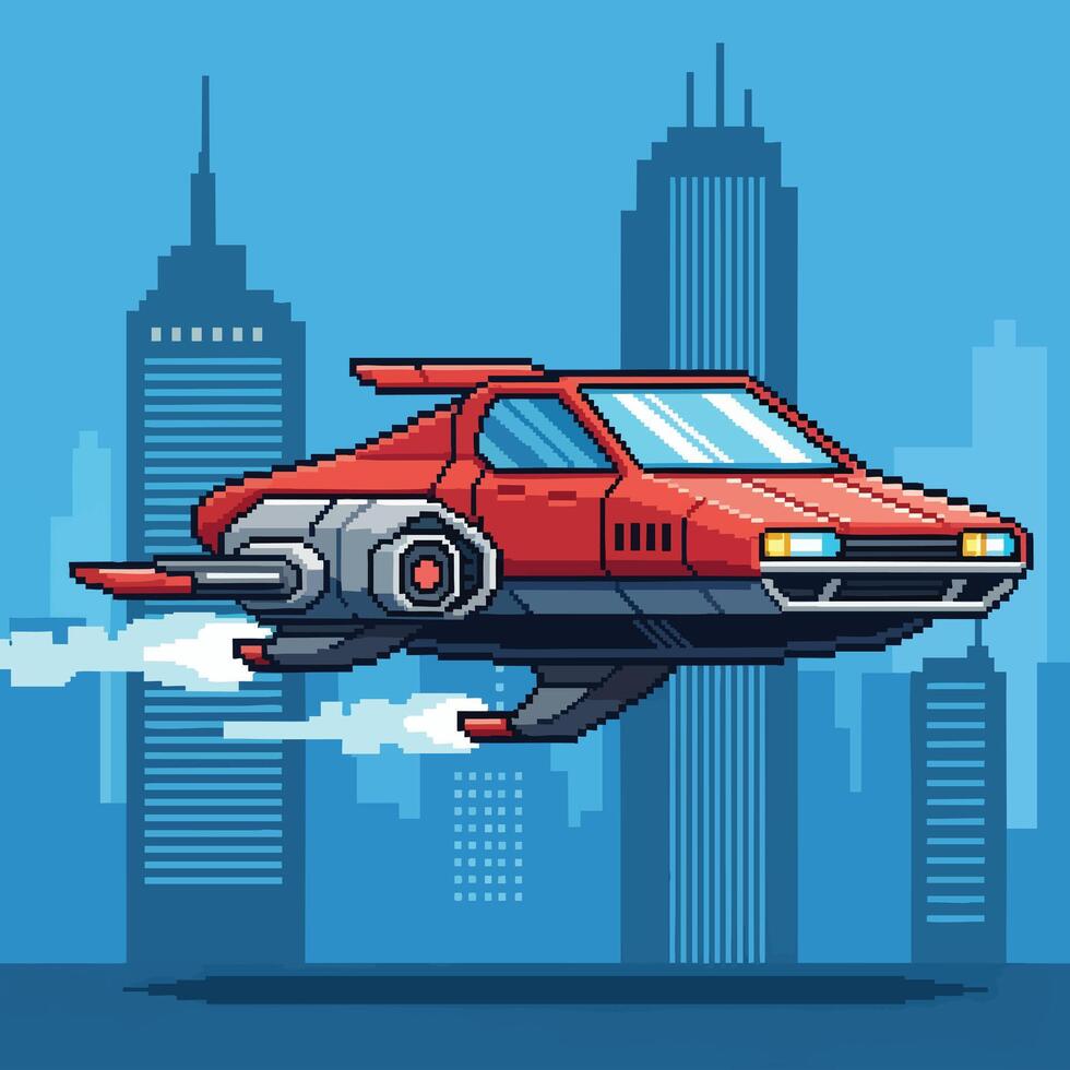 Pixel Art Retro Futuristic Flying Car Soaring Above Cityscape. vector