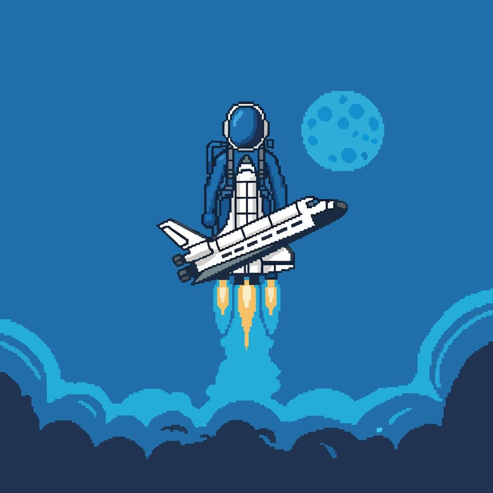Pixelated Astronaut and Space Shuttle Launching into Space. vector