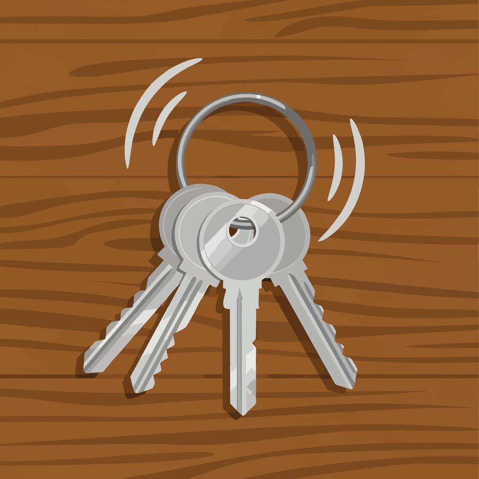 A rattling bunch of four silver metal keys on a circular keyring. vector