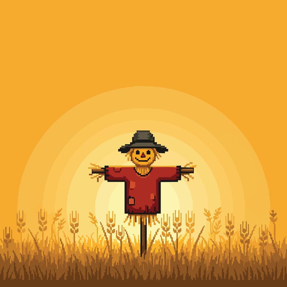 Pixel Art Scarecrow in Golden Wheat Field. vector