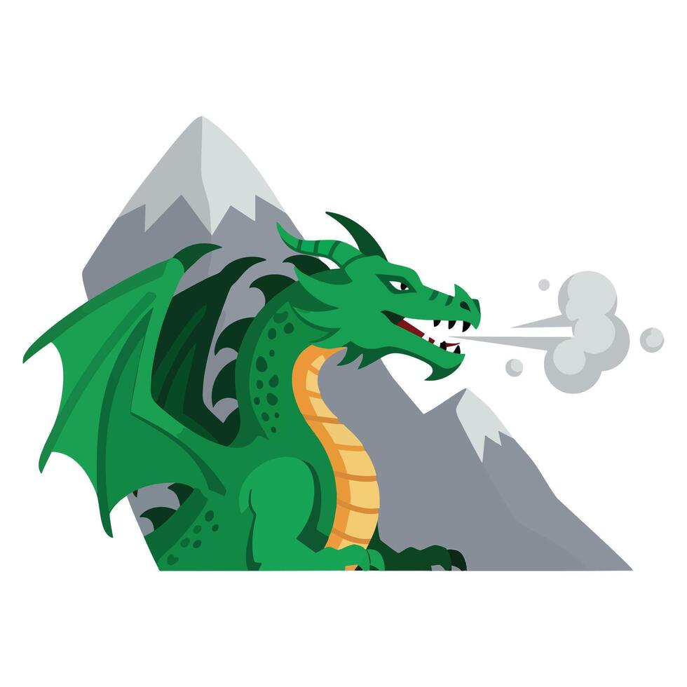 Green dragon with wings exhaling smoke near mountains. vector