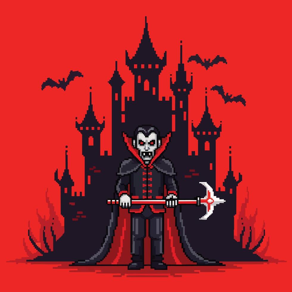 Retro Pixel Art Vampire Character Holding Spiked Axe. vector