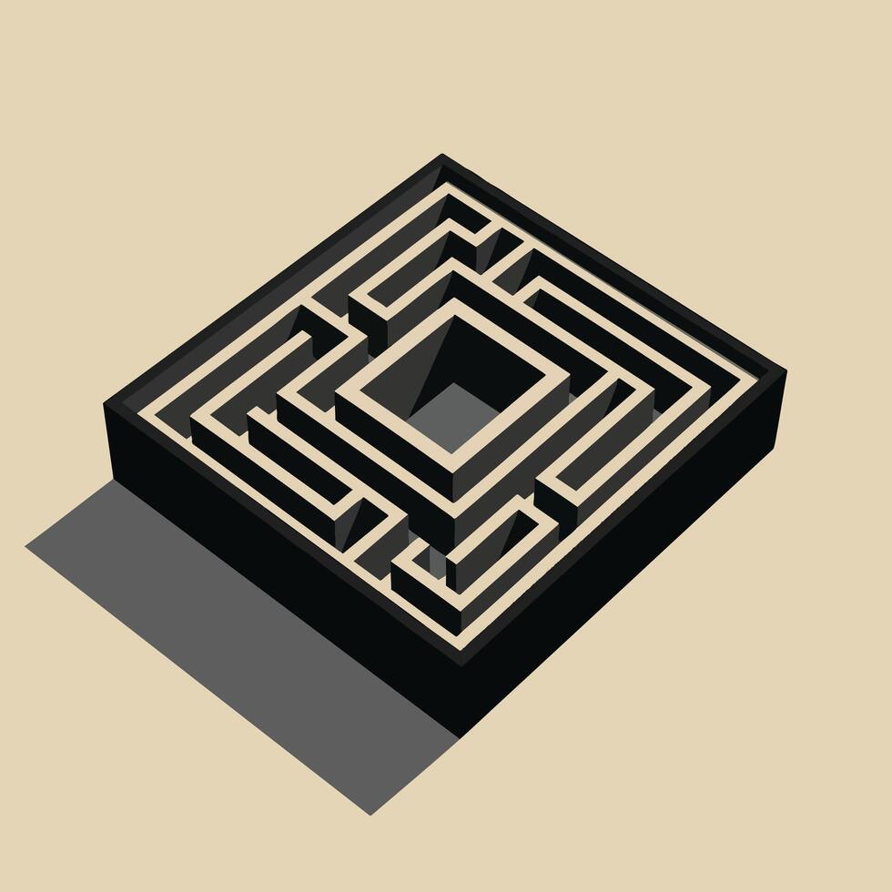 A three-dimensional black square maze with a shadow shown in an isometric perspective. vector