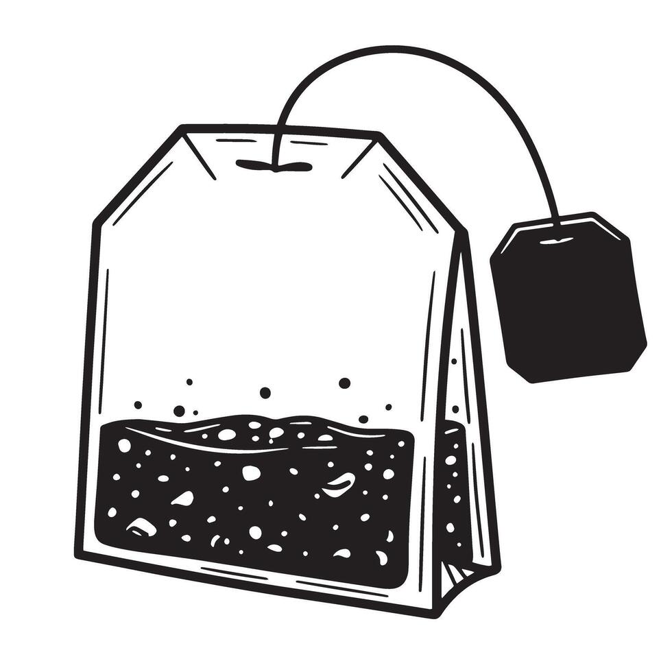 Simple vintage art illustration of a classic tea bag ready to steep with its tag and string depicted in a monochromatic grayscale style. vector