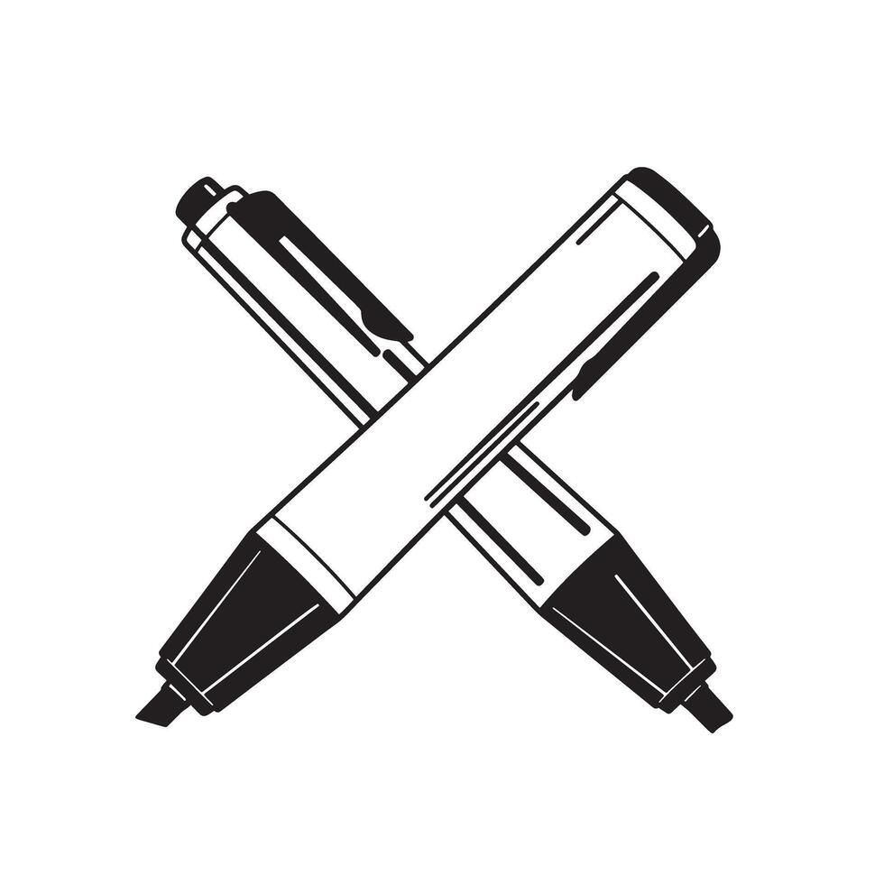 A vintage art style illustration showcases two black and white markers crossed creatively on a white background perfect for educational projects vector