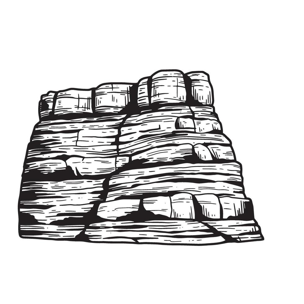 Detailed black and white illustration of a layered rock formation showcasing a vintage art style perfect for nature and geological projects. vector