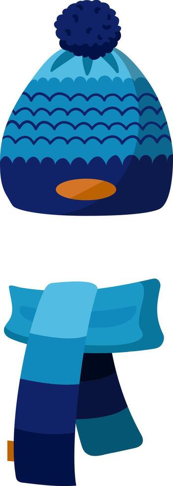 Warm winter clothes protecting from cold weather, including a blue woolen cap with pompom and matching scarf, ideal for outdoor activities during wintertime vector