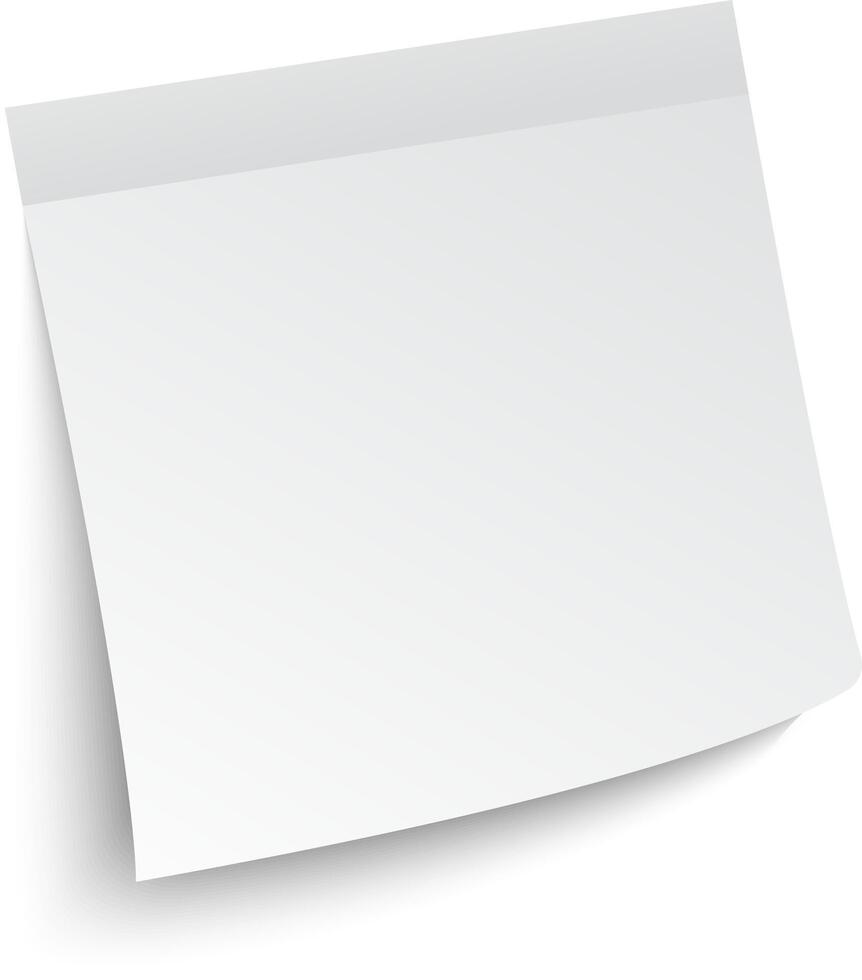 Blank white sticky note with adhesive strip casting a shadow on a white background, creating a simple yet effective visual for reminders, notes, or messages vector
