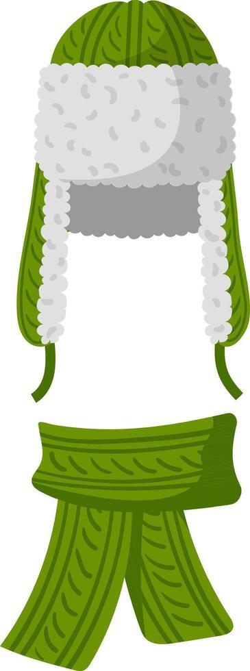 Warm winter clothes including a knitted green hat with ear flaps and white fur trim, accompanied by a matching ribbed scarf, provide essential protection against the harsh cold weather vector