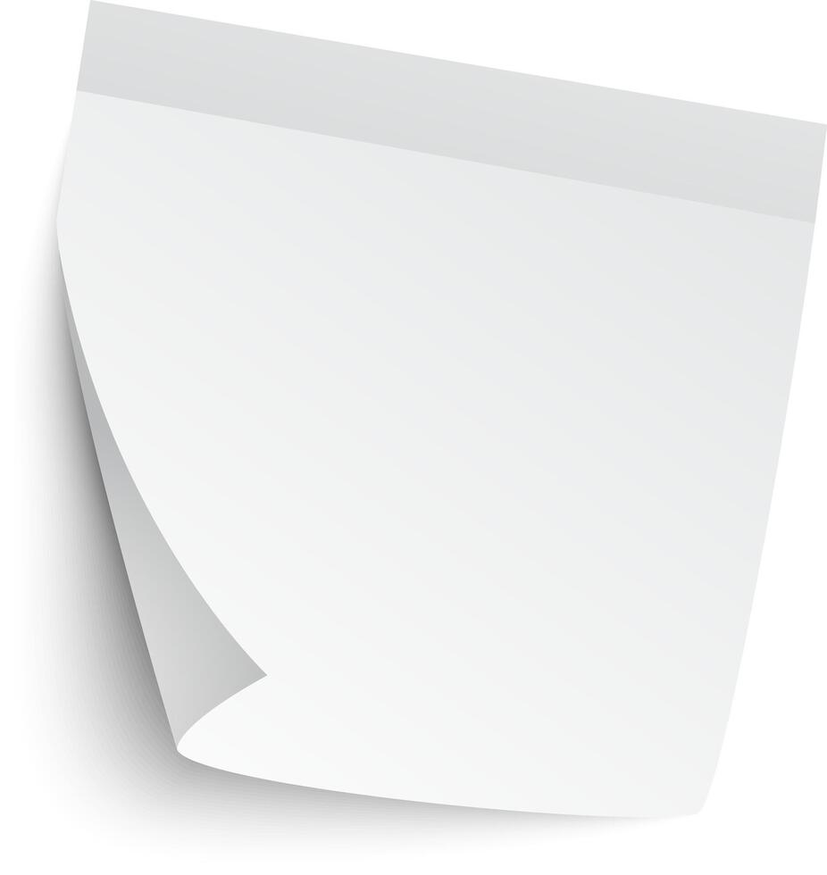 White sticky note with a curled corner casting a soft shadow on a white background, providing an ideal space for personal messages, reminders, or important notes vector
