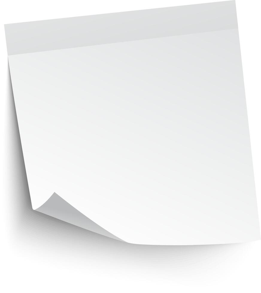 Realistic illustration of a blank white sticky note with a curled corner casting a subtle shadow on a clean white background, ideal for messages or reminders vector