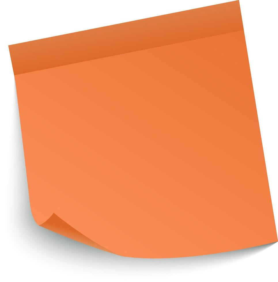 Orange sticky note paper with curled corner casting shadow on white background, creating a simple yet effective visual for reminders, notes, and messages vector