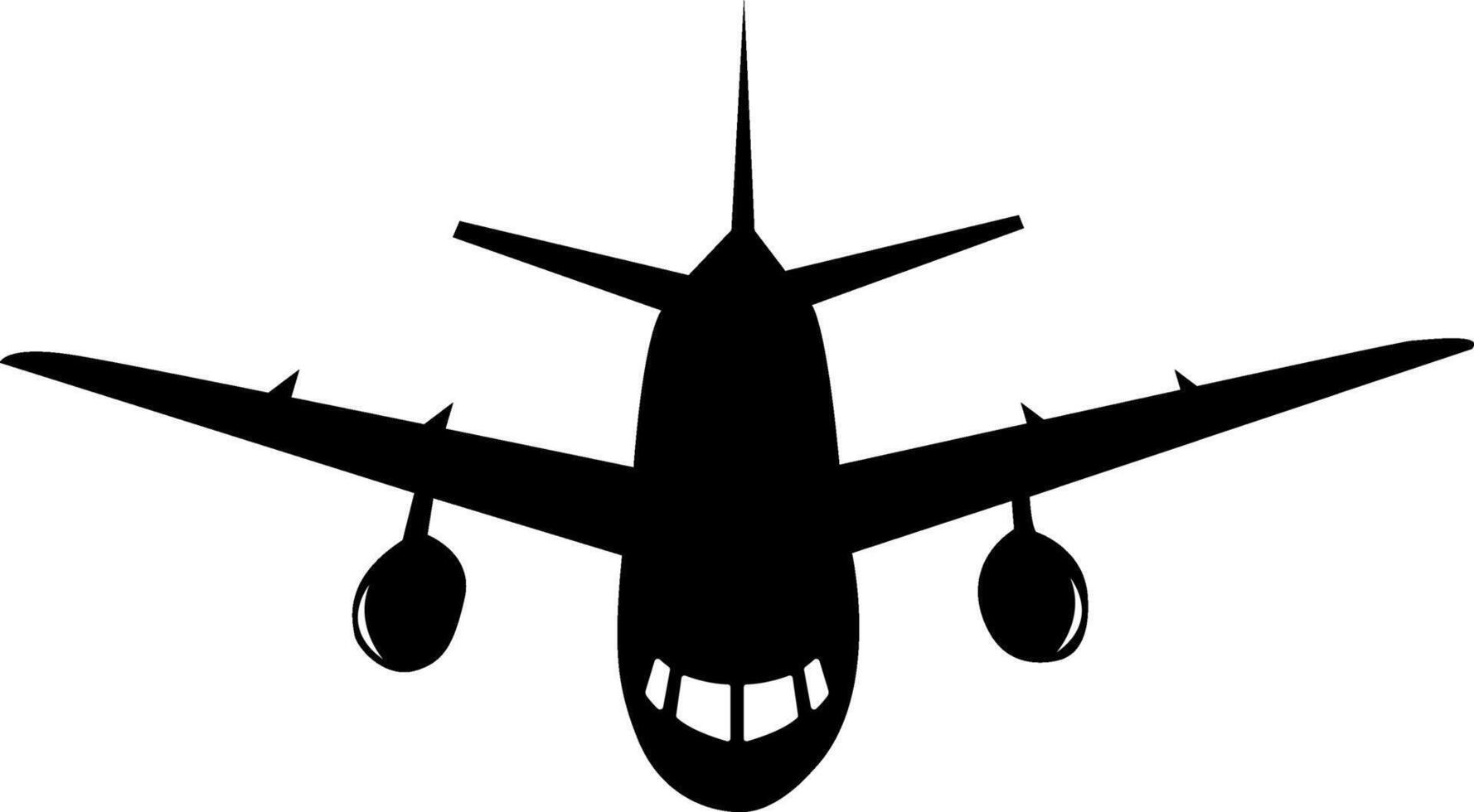 Black silhouette of a passenger airplane flying in the sky, featuring wings, engines, and tail, ideal for travel and aviation related designs vector