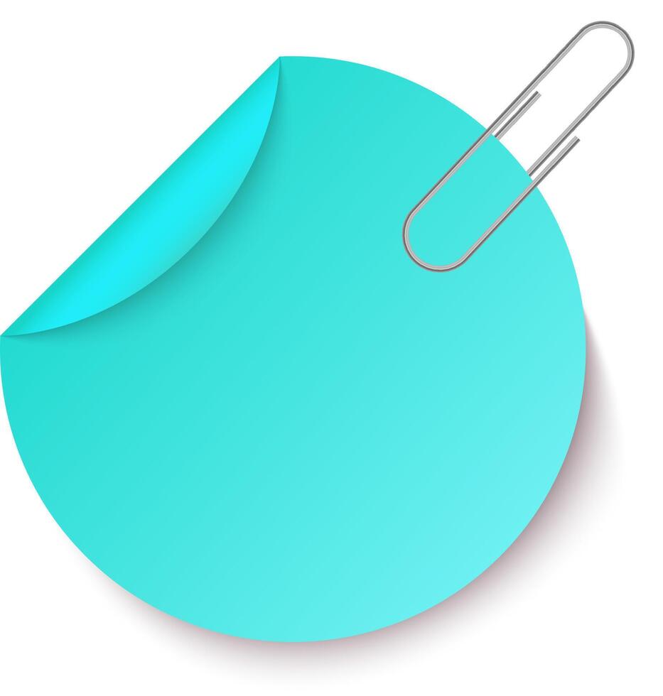 Metallic paperclip gripping the curled corner of a blank round turquoise sticker, casting a soft shadow against a clean white background, creating a modern and minimalistic design element vector