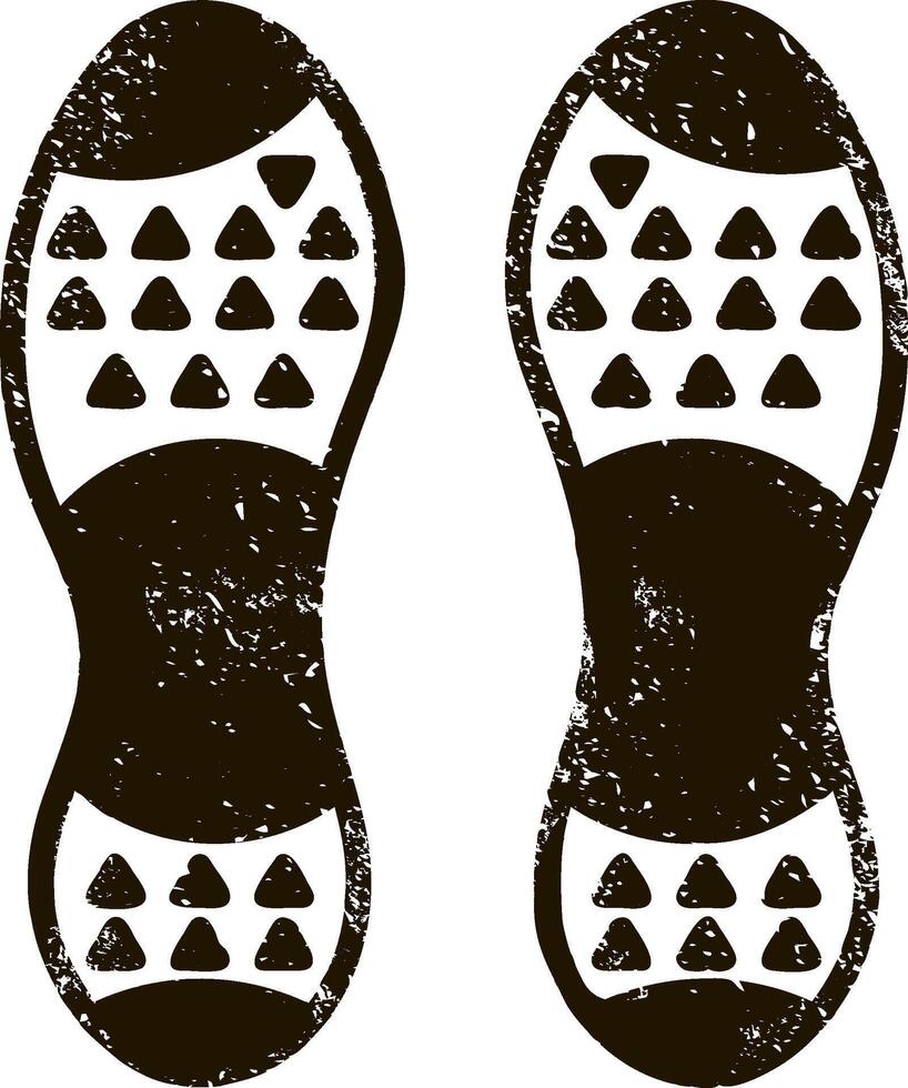 Pair of black shoe prints featuring a distinct sole pattern and grunge texture, clearly indicating the direction of footsteps, suggesting movement and exploration along a path vector