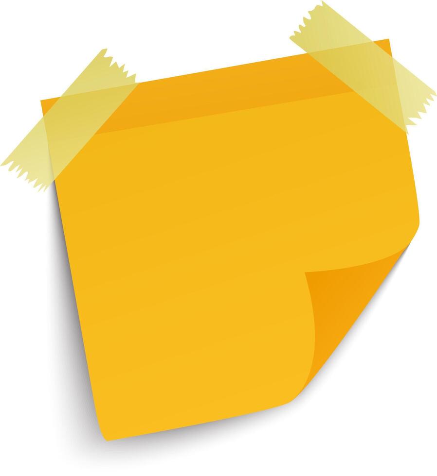 Yellow sticky note curling at the bottom right corner, attached to a clean white background with two pieces of adhesive tape, creating a perfect space for reminders or messages vector