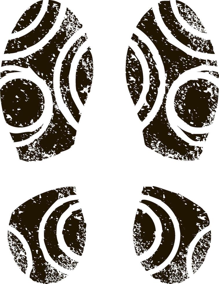 Four grunge shoe prints creating a walking path symbolize investigation, direction, and evidence, evoking themes of mystery and exploration in a textured, vintage style vector