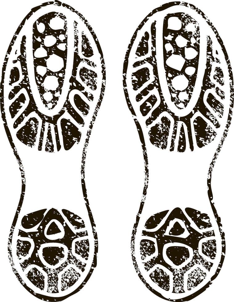 Black grunge print of sneakers moving forward, leaving distinct footprints on a white background, capturing the essence of walking, running, and the pursuit of progress vector