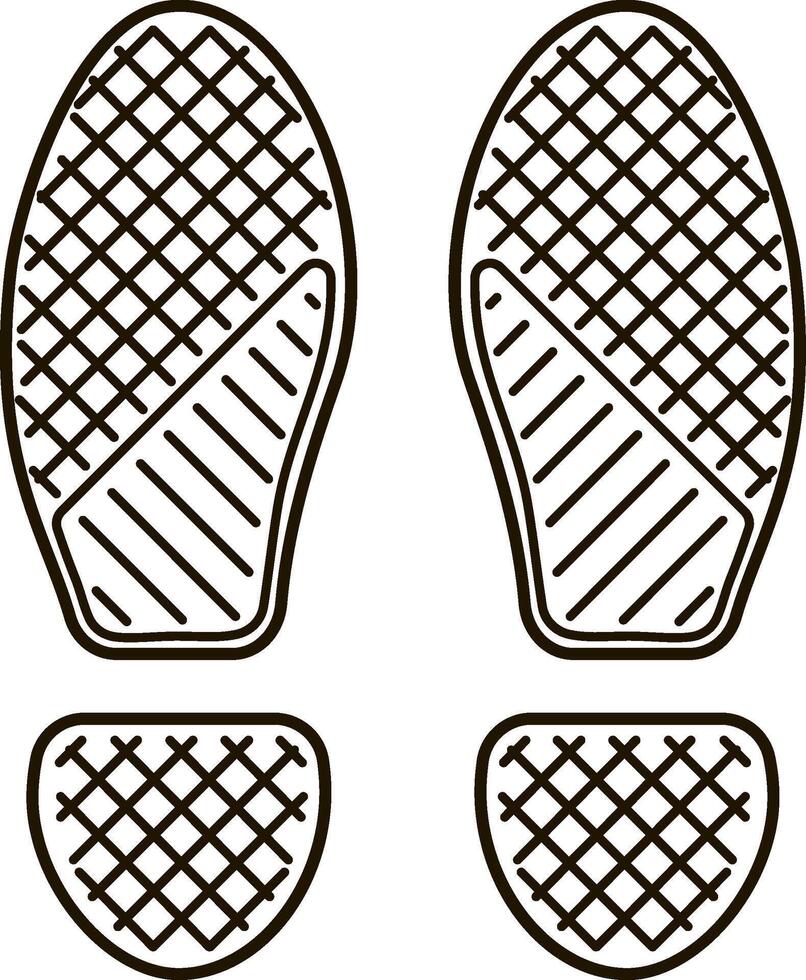 Black and white drawing of a shoe print showing sole and heel with striped and checkered patterns, useful as a guide for standing position or as a generic shoe print vector