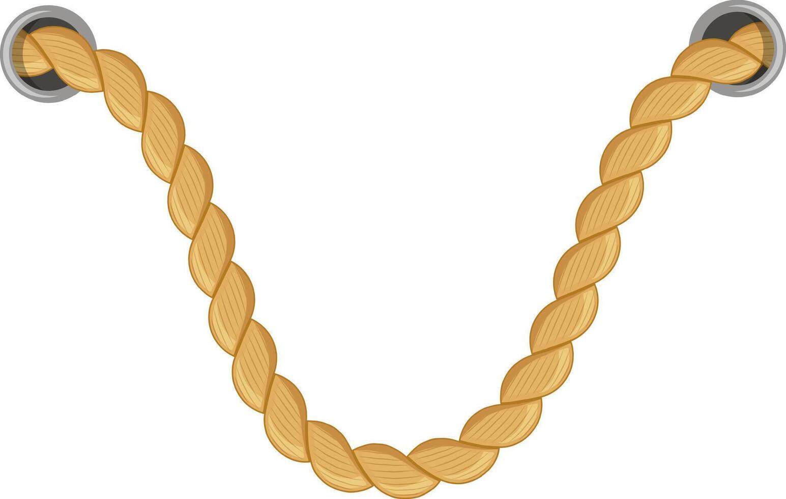 Thick, twisted rope hanging gracefully from two metal rings, forming a gentle parabola against a clean white background, offering ample copy space for text or design elements vector