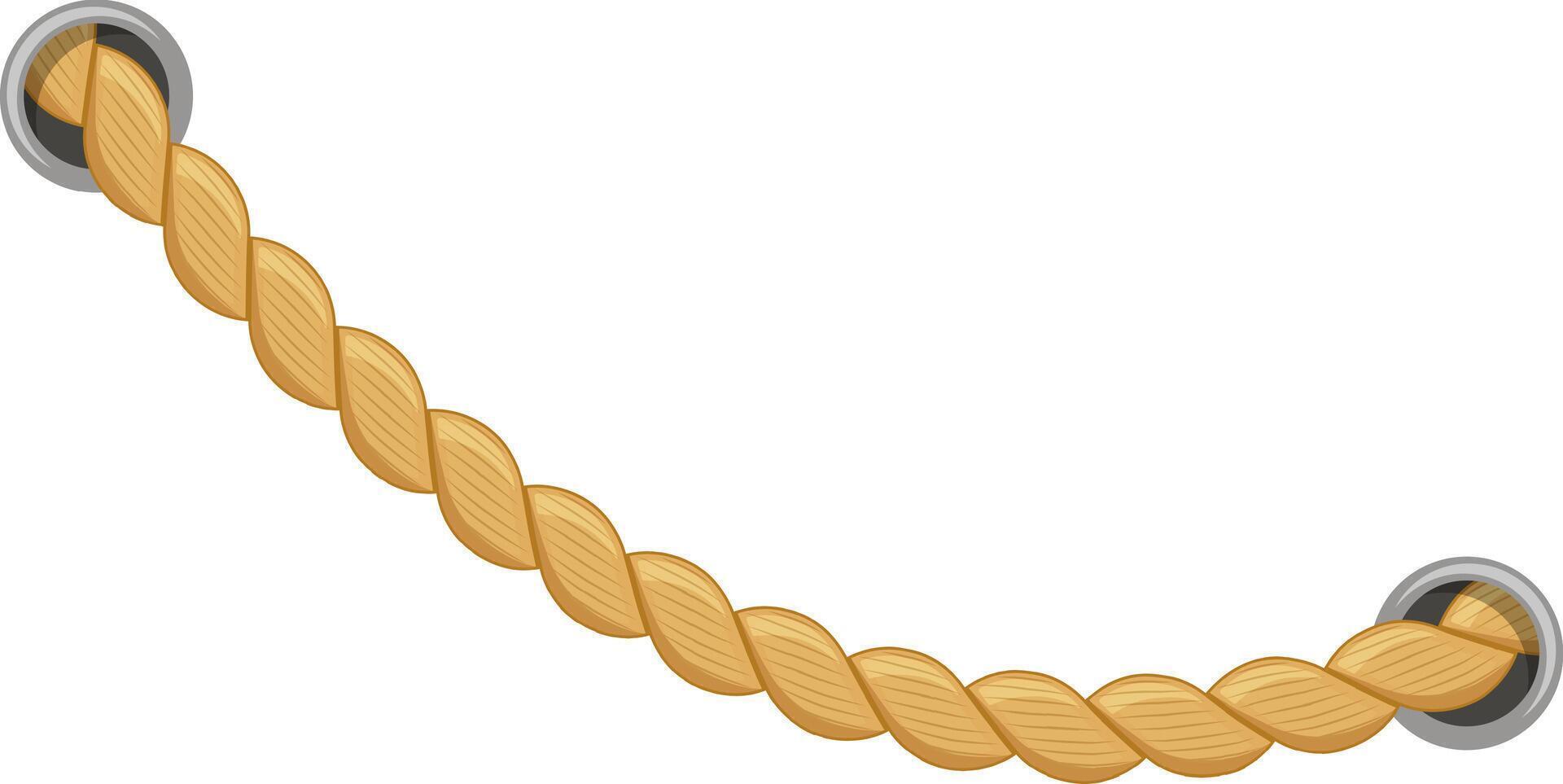 Thick, twisted hemp rope hanging and curving downwards, secured between two metal rings on a white background, creating a nautical or maritime theme vector