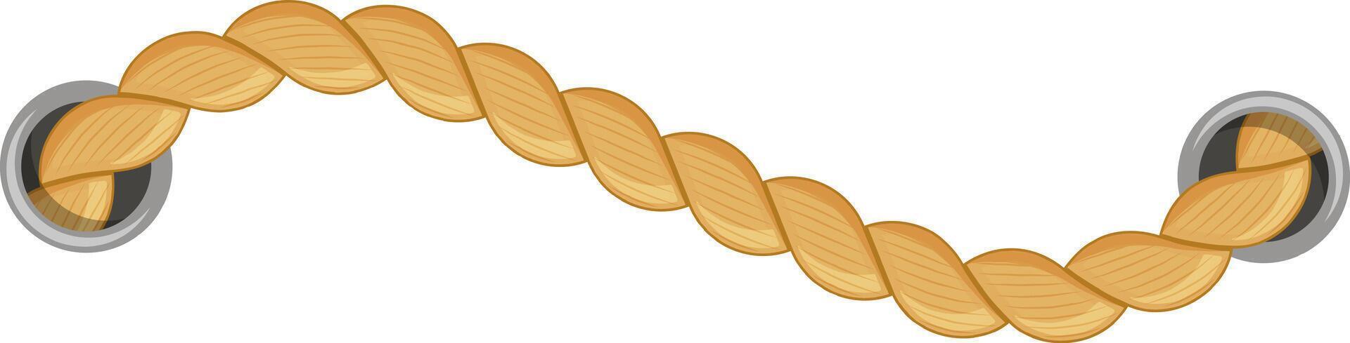 Long twisted rope connecting two metal rings, hanging and swinging freely in the air, forms an appealing curve that enhances visual interest and adds a decorative touch vector