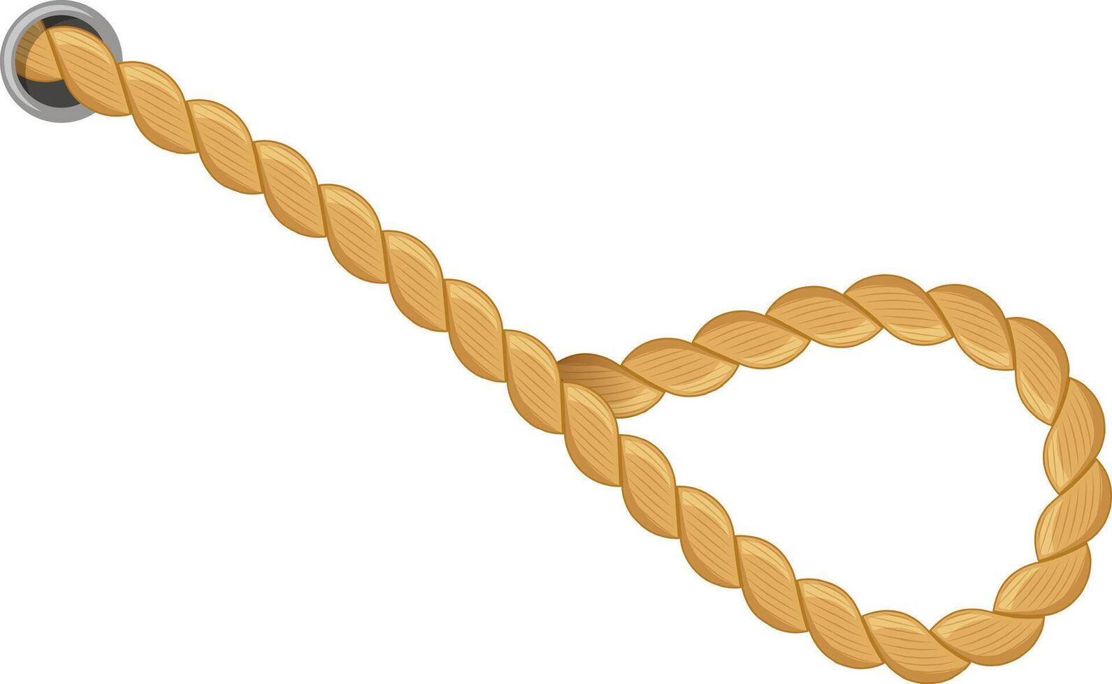 Thick twisted rope hanging from a metal ring, forming a loop against a clean white background, perfect for conveying nautical and sailing themes with its natural texture vector