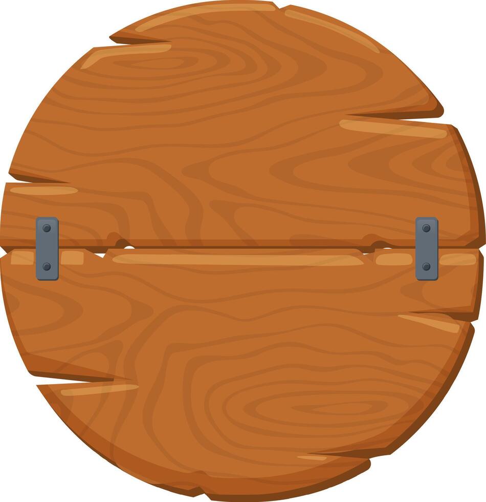 Two light brown wooden planks, slightly chipped and weathered, joined by metal hinges, creating a round sign that hangs against a clean white background, offering a rustic charm vector
