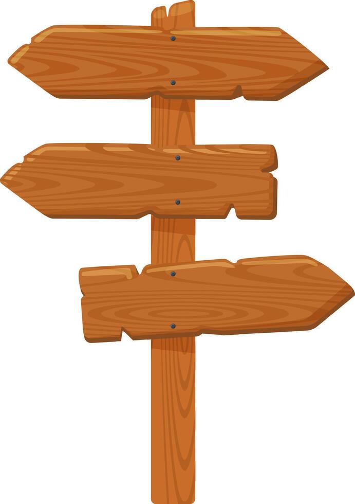 Wooden signpost with three blank arrows pointing in different directions, providing space for custom text or symbols, isolated on white background vector