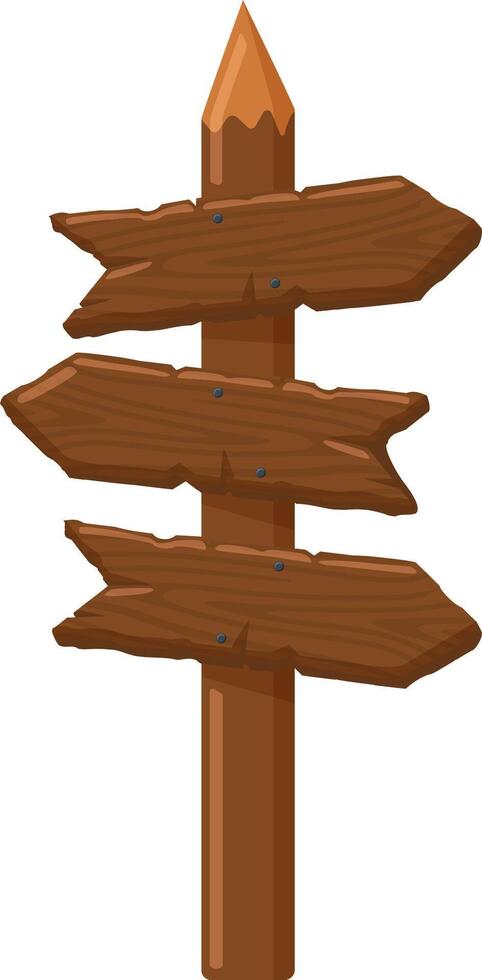 Wooden signpost featuring three empty arrows pointing in various directions, perfect for guiding choices or adding a rustic, vintage element to design projects vector