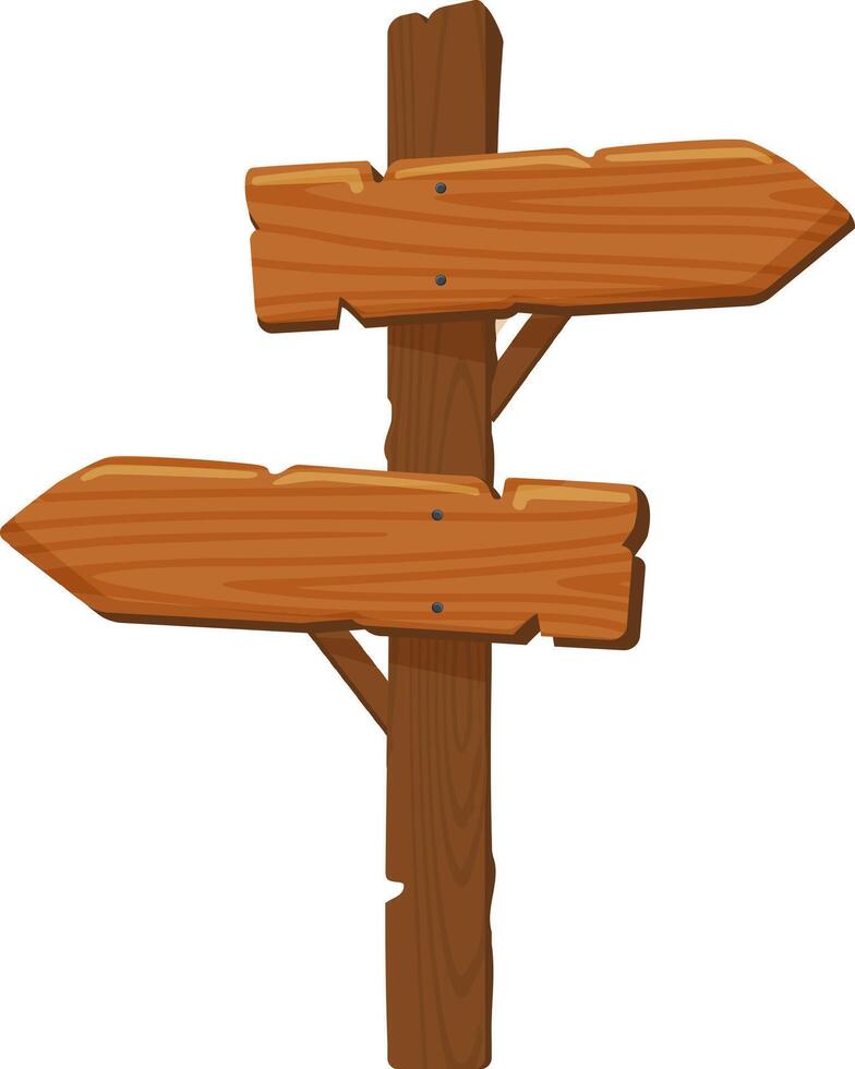 Empty wooden signpost featuring two arrows pointing in different directions, representing various paths and choices, set against a clean white background vector