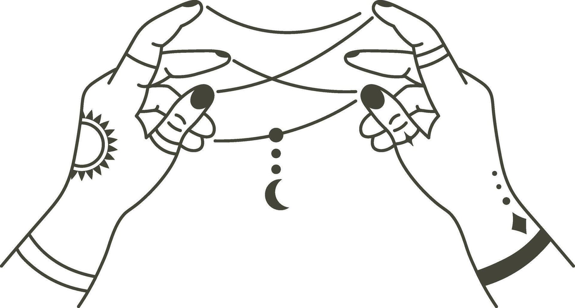 Two hands adorned with sun and moon tattoos intertwining strings to form a cat's cradle figure, symbolizing the connection between celestial opposites and playful creativity vector