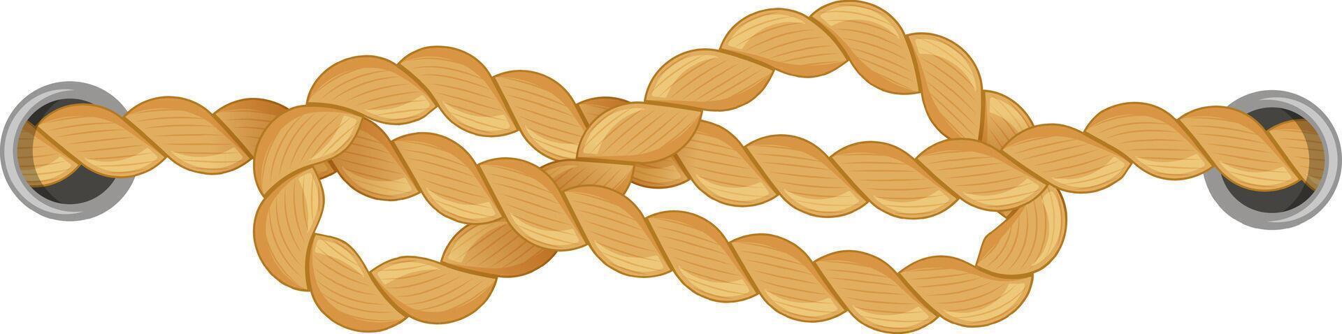 Figure eight knot securely joining two ends of a rope, passing through two metal rings, creating a strong connection against a clean, white background vector