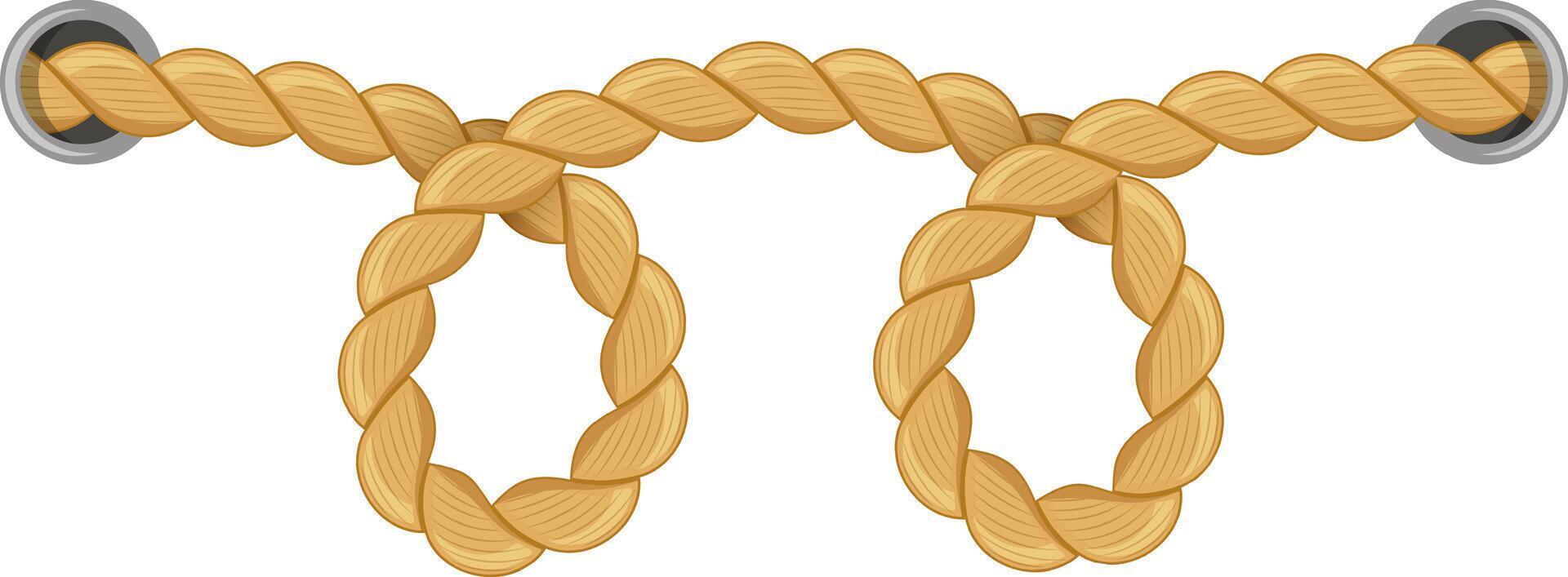 Strong, textured rope stretched between two metal rings creating two distinct loops, isolated on white background, suggesting concepts of connection, strength, and nautical themes vector