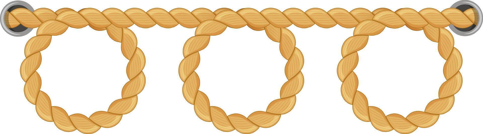 Braided rope forming three circles and attaching to metal rings creates an intricate decorative element, showcasing a blend of texture and design in natural fibers vector