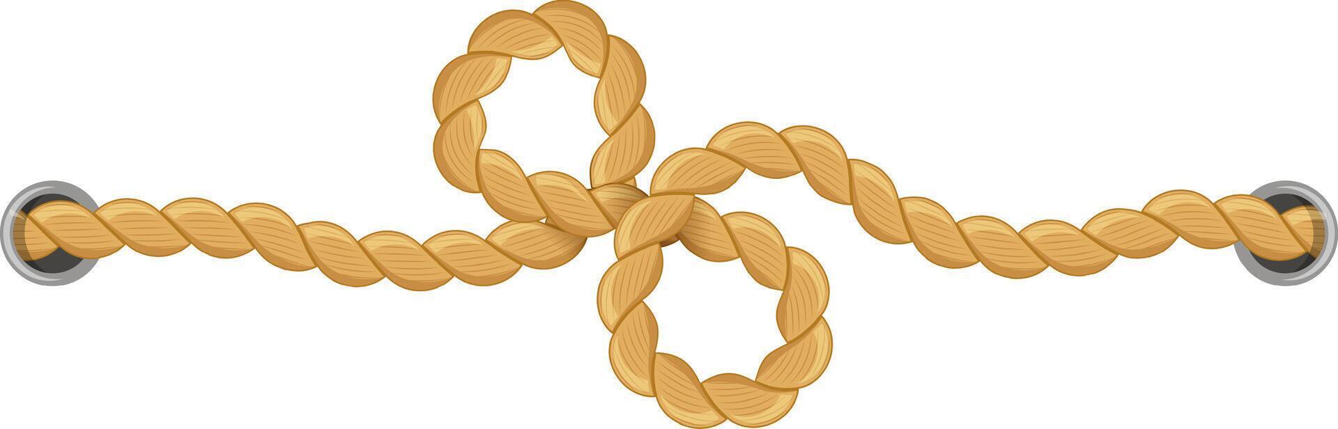 Thick, twisted rope connecting two metal rings, forming a decorative knot, isolated on white background, representing concepts such as connection, strength, and maritime themes vector
