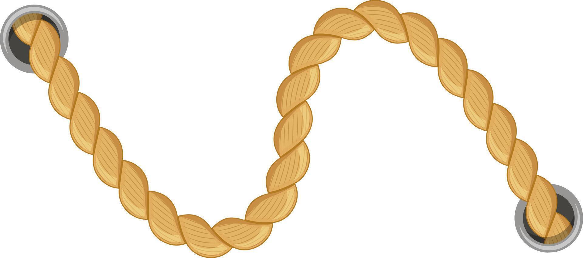 Thick, twisted hemp rope hanging loosely between two metal rings evokes a nautical or climbing theme, set against a clean, white background that enhances its natural texture and earthy tones vector