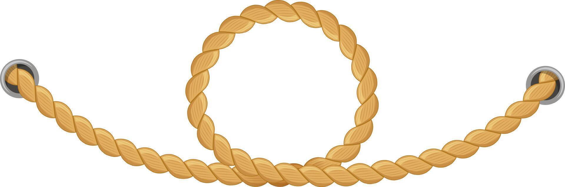 Thick brown rope hanging between two metal rings and forming a circle loop in the middle, isolated illustration over white background vector
