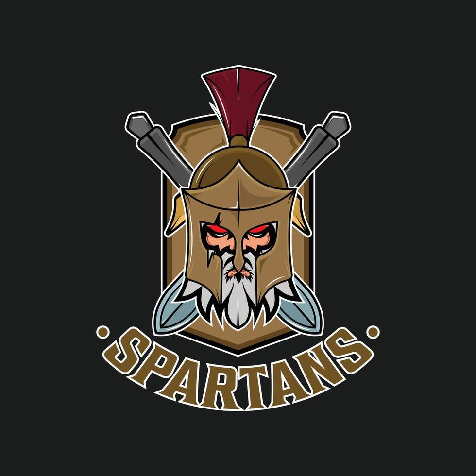 spartan of helmet and cross swords logo emblem color illustration template icon graphic design . Greece warrior sign and symbol for fantasy story or company with black backgrounds vector