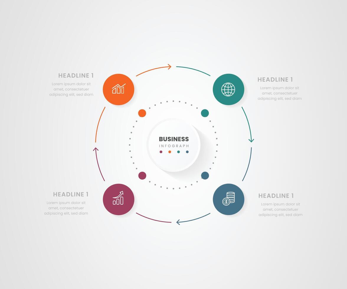 4 part business info graph with circle shape and thin line vector