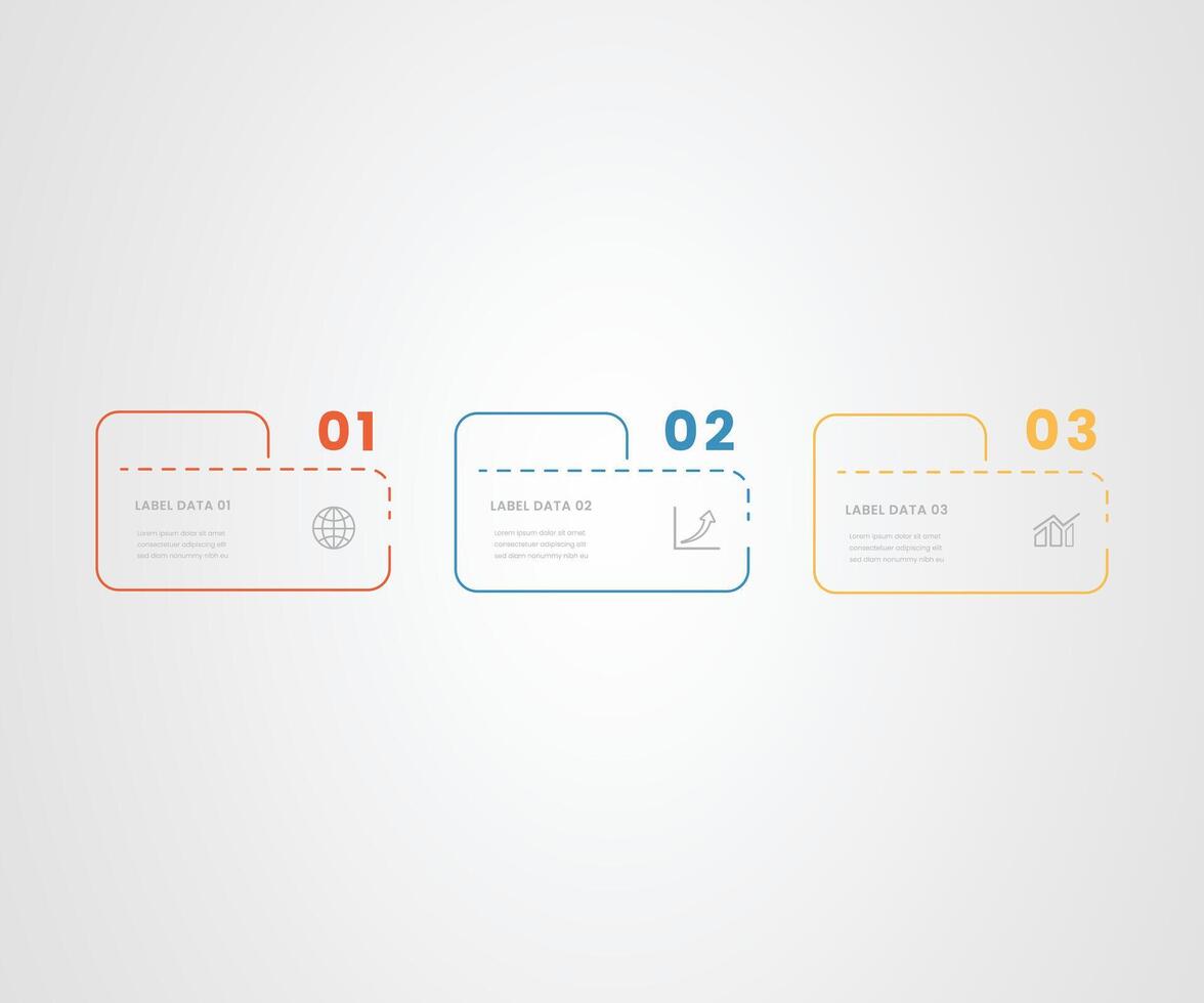 3 square shape numbered box 3 steps business infograph with thin and dotted line vector