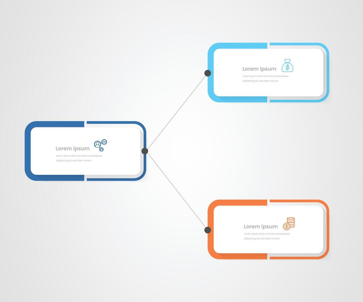 3 part business infograph showing expansion of business into 2 section with thin line vector
