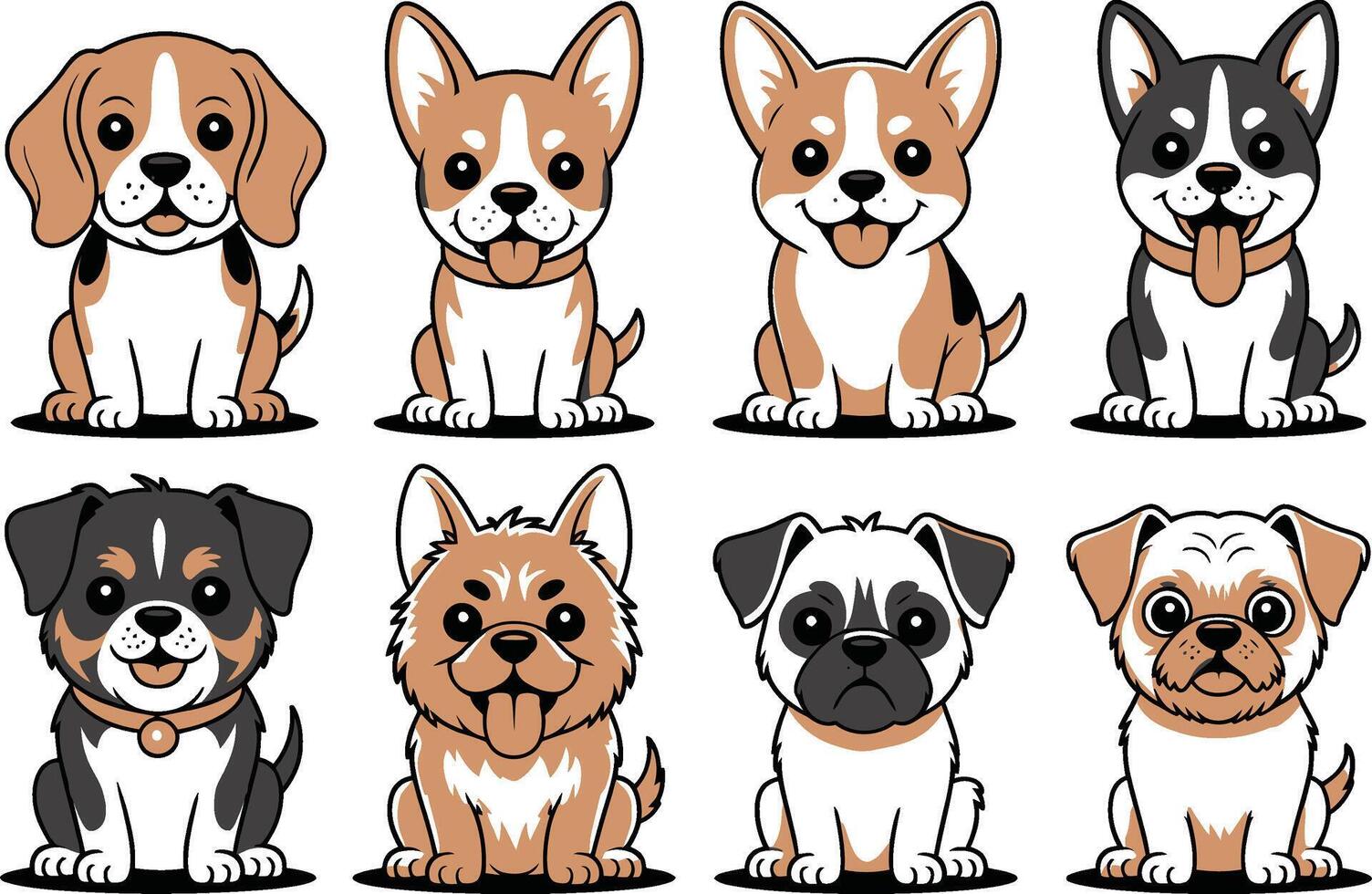 Eight Cartoon Dog Breeds in Various Poses with Black Outlines and White Background vector