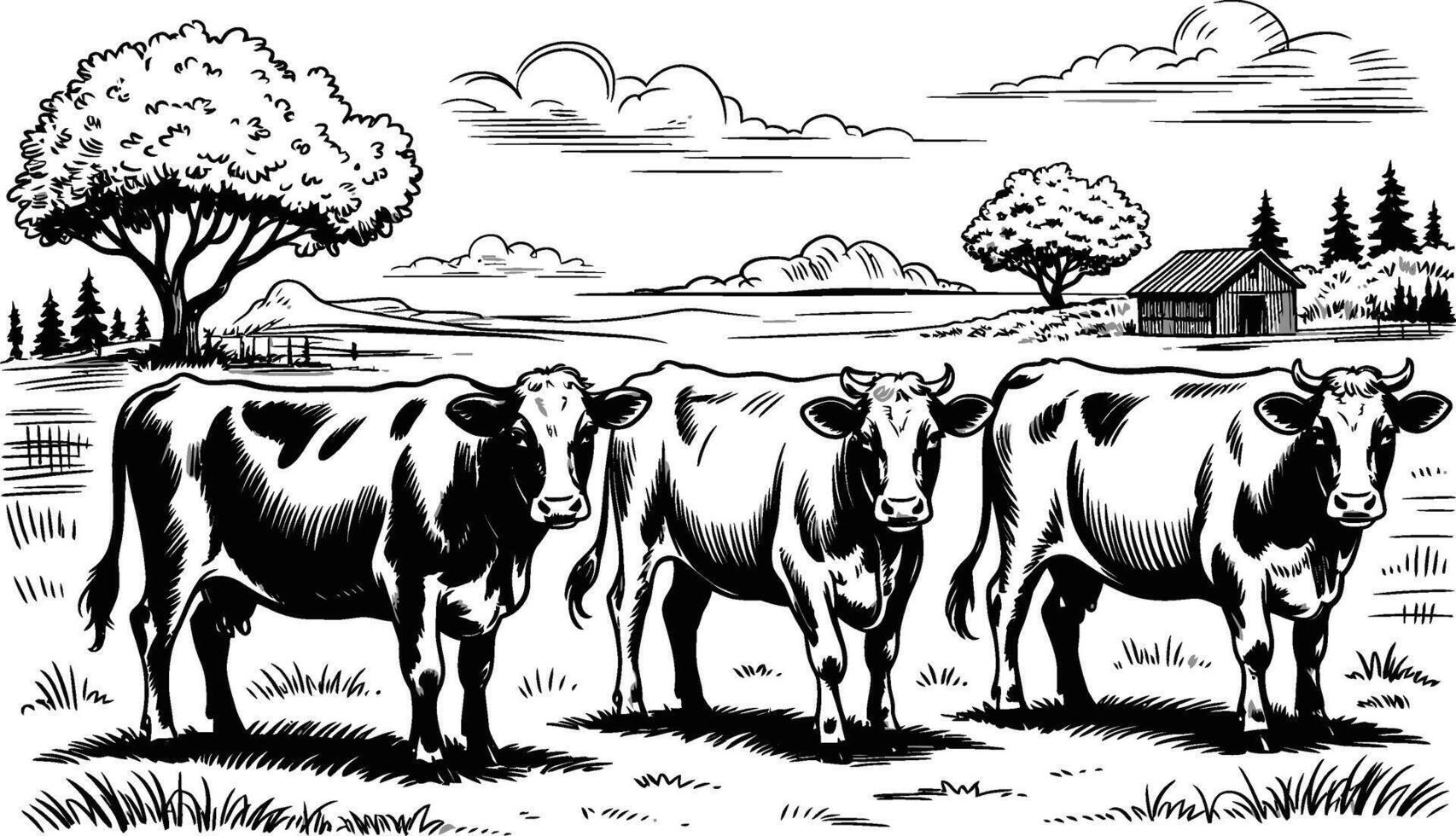 Black and white illustration of three cows in a field with a rural landscape vector