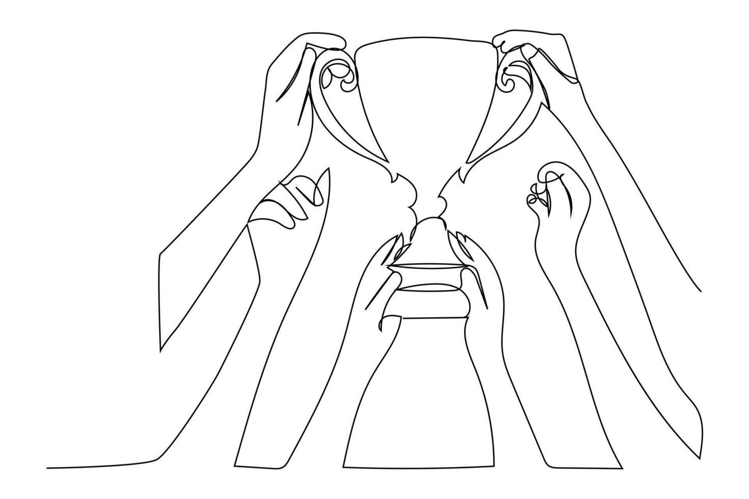 Continuous one line drawing golden trophy held by many hands. Best achievement. Single line draw design graphic illustration. vector