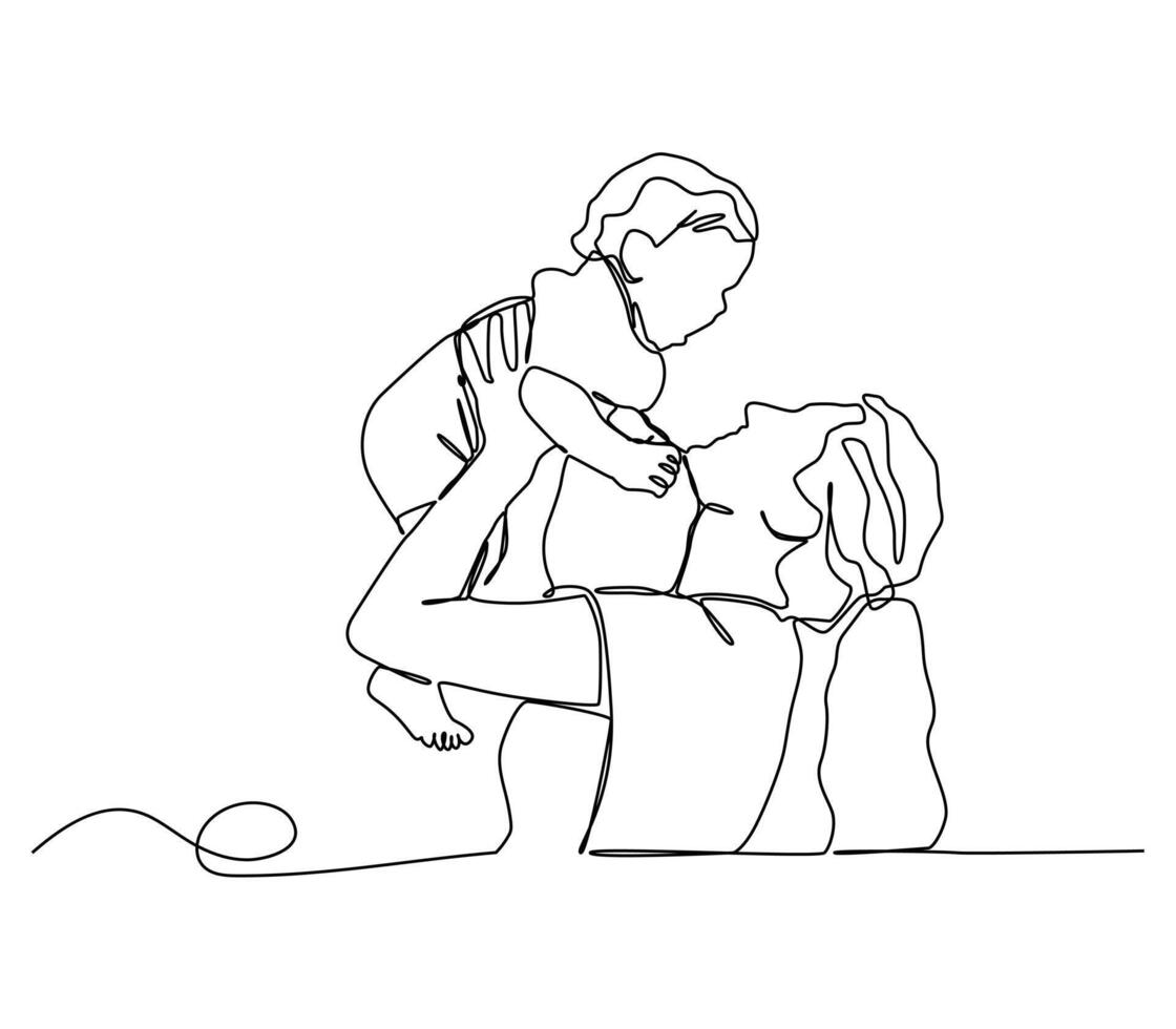 Continuous line drawing of a mother and her child. vector